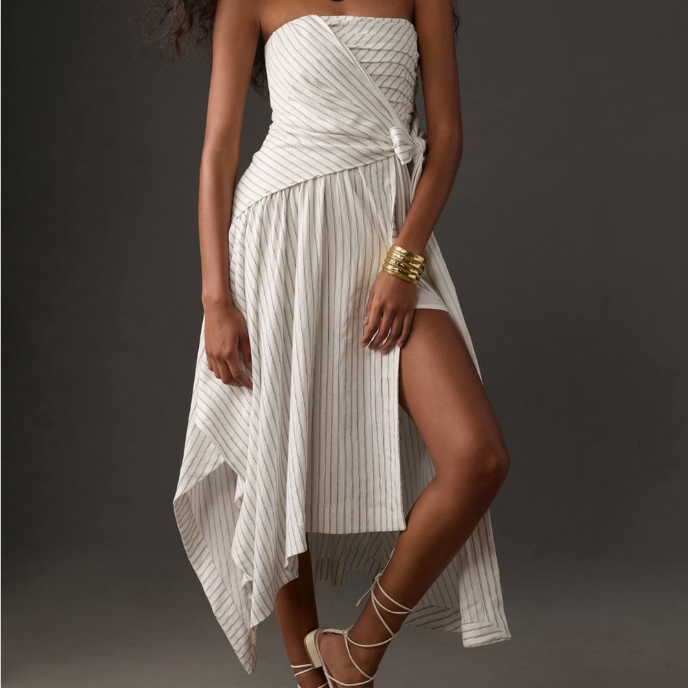 Anthropologie Strapless Hanky Hem Midi Dress with stripes and waist tie